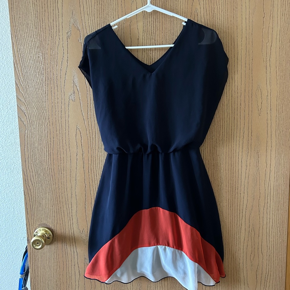 Chiffon Dress, Navy Blue, Orange, and White